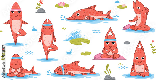 Cute fish yoga characters vector set with meditation poses, fitness activities and peaceful aquatic mascots in colorful cartoon illustration style for wellness design