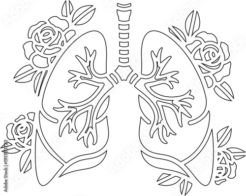 Floral Human Lungs Outline Vector Illustration.