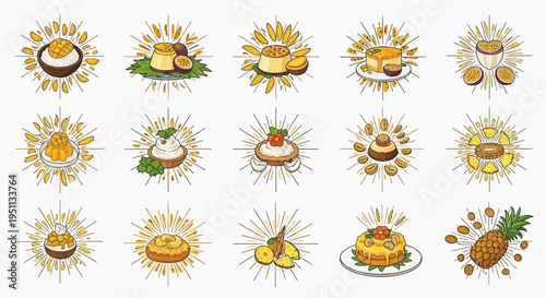 Food illustrations showcase various dishes with sunburst elements on a plate