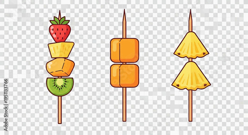 A colorful illustration of fruit and cheese skewers on wooden sticks with kiwi pineapple strawberry