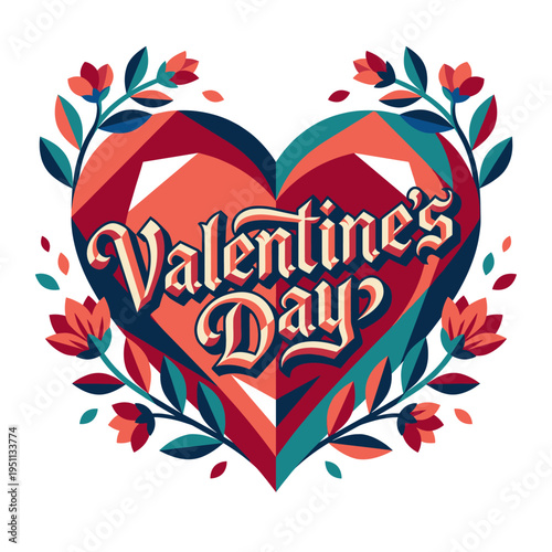 Gothic Valentine heart emblem with medieval inspired lettering, angular color blocks and floral wreath accents, dramatic retro romance composition in coral teal crimson and navy tones