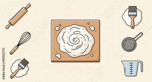 Baker prepares dough on wooden board with rolling pin and utensils nearby indoors