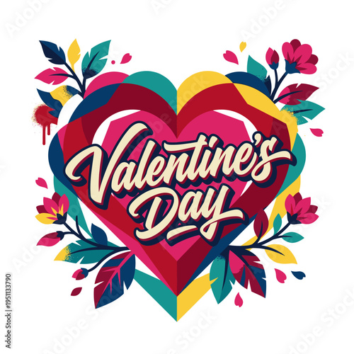 Bold Valentine heart graphic with vivid color blocking, expressive script lettering and blooming floral accents, energetic pop inspired romance design in pink teal yellow and red