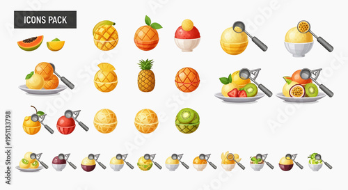 Colorful icons of various fruits and fruit squeezers on plates are shown.