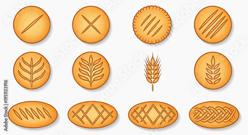 Various bread types with wheat designs on a plain surface