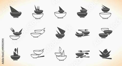 Mortar and pestle illustrations in various actions and positions on a clean surface