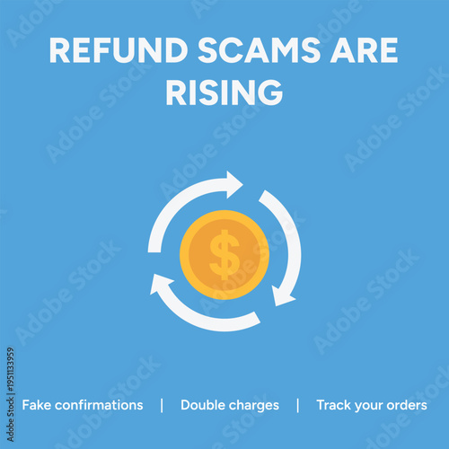 Vector graphic illustration warning about increasing refund scams featuring a central circulating dollar coin graphic representing financial transaction issues and potential deception