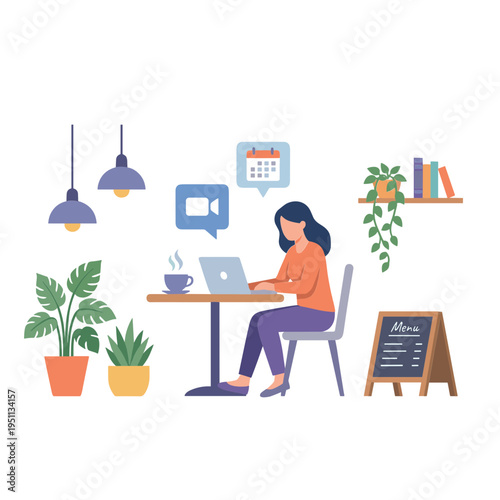 Woman sits at desk with laptop, coffee, plants, and books nearby indoors.