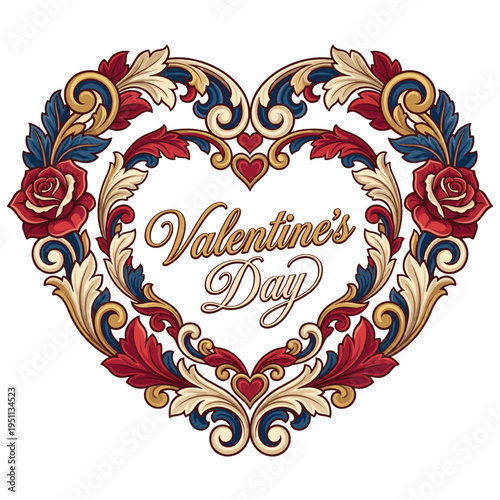 Luxurious Valentine heart frame with baroque scrollwork, roses and acanthus leaves, elegant red blue and gold ornamental love composition, vintage romantic