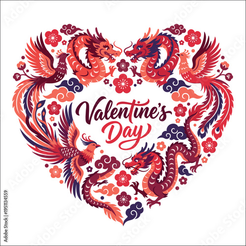 Ornate Valentine heart formed by phoenix birds, serpentine dragons, blossoms and auspicious clouds, richly detailed Asian fantasy romance emblem with symmetrical folklore elegance