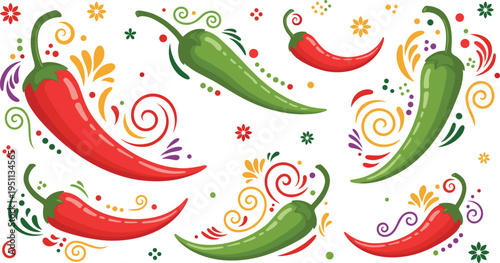 Chili pepper decorative vector set with red and green spicy vegetables, ornamental swirls, floral elements and vibrant abstract composition for food and design