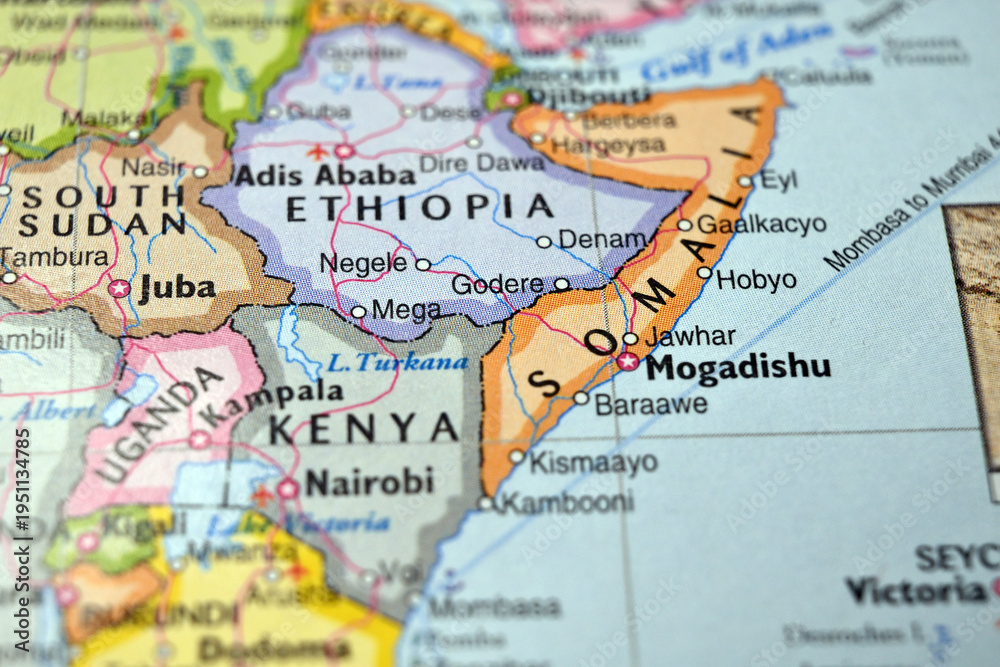 Naklejka premium Godere Ethiopia Macro World Map Defocused Bokeh Background Close Up Geographic Image