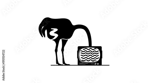 The ostrich hides its head in the TV, black isolated silhouette