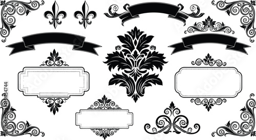 Vintage Victorian ornamental set featuring baroque frames floral borders fleur de lis symbols and decorative black ribbons for luxury invitation design and elegant branding.