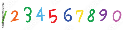 Colourful hand drawn brush style numbers from zero to nine for early learning and mathematical concepts