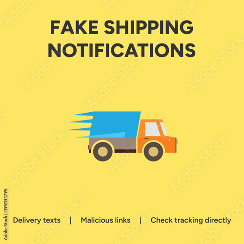 Minimalist vector graphic illustration warning about dangerous fake shipping notifications and dangerous text messages that trick users with malicious links instead of real tracking