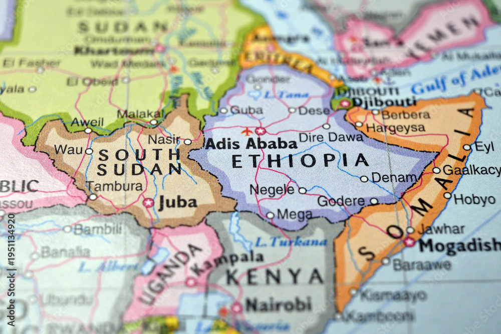 Naklejka premium Addis Ababa Ethiopia Macro World Map Defocused Bokeh Background Close Up Geographic Image