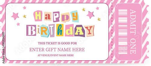 Vector template for a birthday gift coupon. A multicolored ticket with a tear-off QR code for one person.