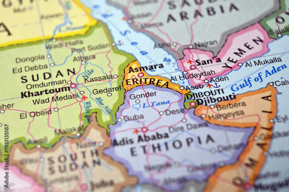 Naklejka premium Eritrea Macro World Map Defocused Bokeh Background Close Up Geographic Image