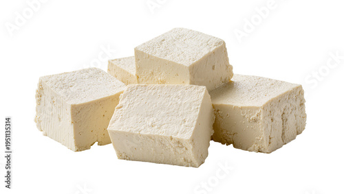 Tableau sur toile Freshly cut firm tofu cubes, a healthy plant-based protein source, stacked and i