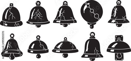 Collection of ten black and white cracked bell with a white background and transparent background