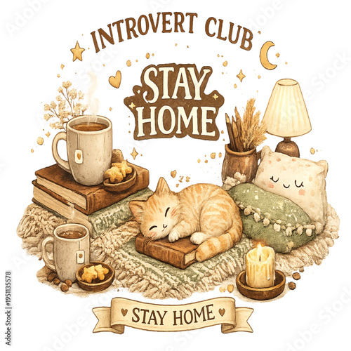 stay home, comfort and warmth, cozy home vibes, hygge lifestyle illustration, relaxing indoor scene, warm and soft aesthetic, comforting environment, serene home illustration, hot drink and blanket co