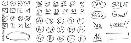 Hand drawn doodle collection of evaluation symbols check marks crosses grades numbers and feedback words