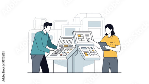 Team of technicians managing advanced control panels in a modern industrial setting, demonstrating automated production processes