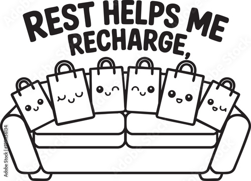 Five shopping bags with smiling faces resting on a couch with text Rest helps me recharge
