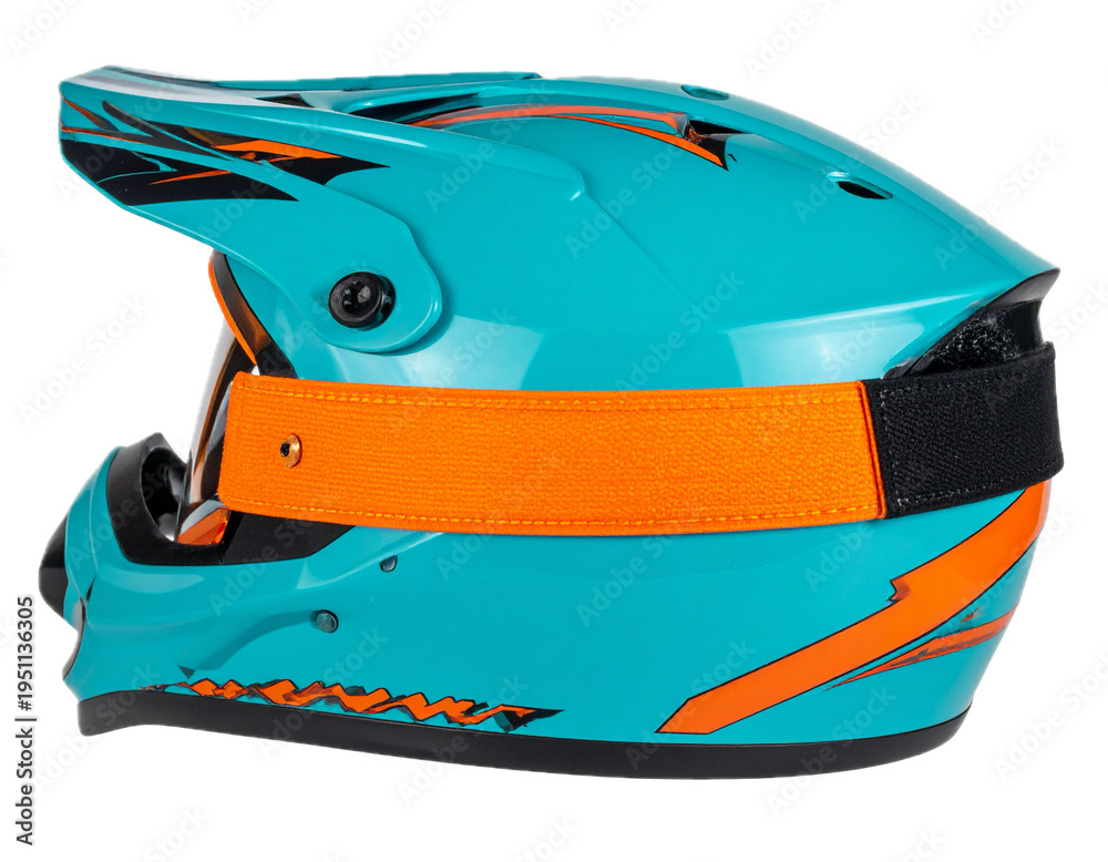 Naklejka premium Turquoise and orange motocross helmet isolated PNG, protective gear for off road racing and extreme sports on transparent background
