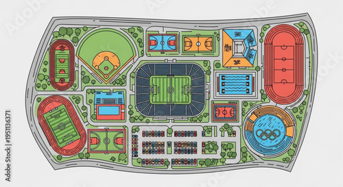 Aerial View of a Sports Complex with Various Athletic Fields.