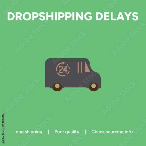 Minimalist vector illustration graphic explicitly addressing common logistical problems associated with dropshipping including delays and poor sourcing information