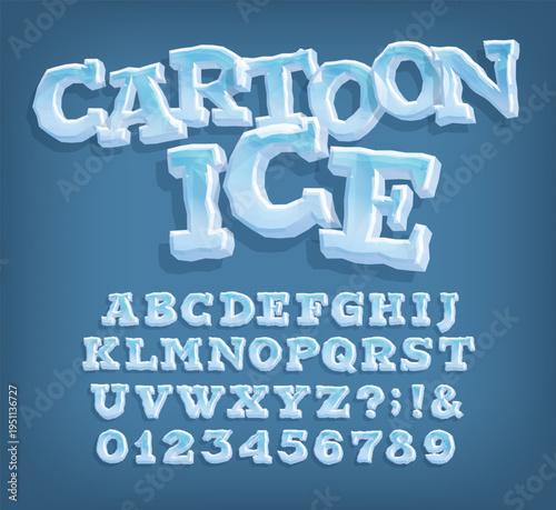 Cartoon Ice alphabet font. Playful 3D ice letters and numbers forming a cool cartoon alphabet font. Vector typeface for eye-catching typography designs.