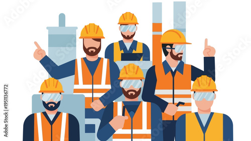 Group of diverse industrial workers in safety gear, pointing and collaborating at a construction site, modern flat illustration.