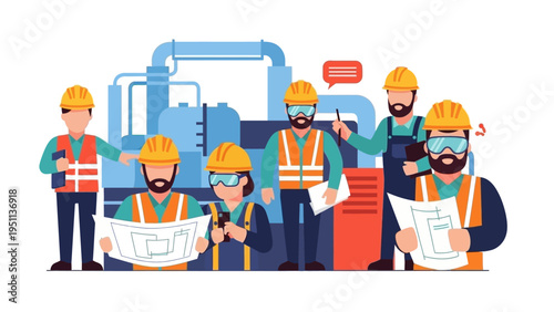 Industrial engineering team collaborates on factory operations, reviewing blueprints and supervising automated processes.