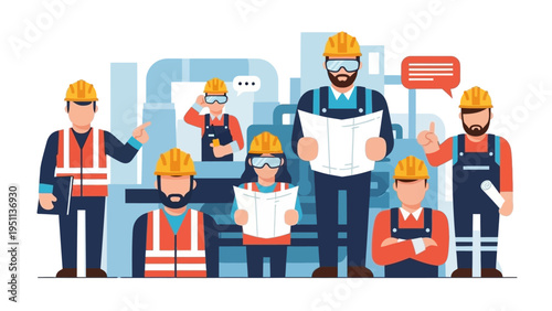 Diverse team of industrial and construction workers in safety gear collaborating on a project, discussing plans in a factory setting.
