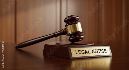 Judge gavel resting on a legal notice sign on a wooden desk in a courtroom setting with a brown wall background