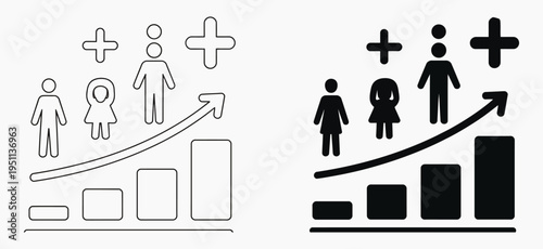 Population growth icon, increase social population growth symbol, global demography and people evolution chart, thin line