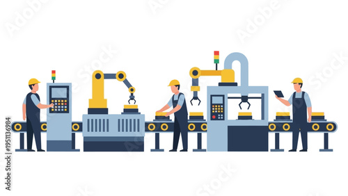 Automated Production Line with Workers and Robotic Arms in a Modern Factory Setting – Flat Vector Illustration of Industrial Manufacturing Process