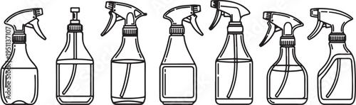 Assorted spray bottles with different nozzle designs and bottle shapes. Vector