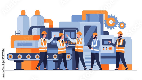 Industrial engineers and technicians collaborating on automated production line in modern manufacturing plant, detailed flat vector illustration