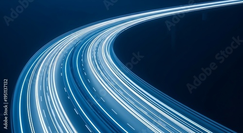 A mesmerizing light trail on a highway at night with a dark background and streaks of white light