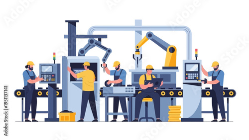 Industrial workers and robotic arms efficiently manage an automated production line in a modern factory setting. Vector illustration.