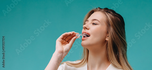 Young woman inserting clear aligner for teeth straightening and oral care with confident smile