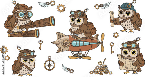 Steampunk owl characters vector set with vintage aviator goggles, airship, gears, compass and mechanical elements in detailed cartoon illustration style for creative design