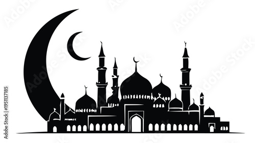 Black and white of a city skyline with a crescent moon skyscrapers buildings