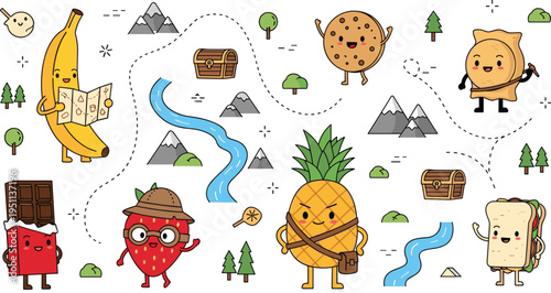 Cute food adventure map vector set with banana explorer, pineapple hero, cookie and sandwich characters, treasure hunt elements in playful cartoon illustration style