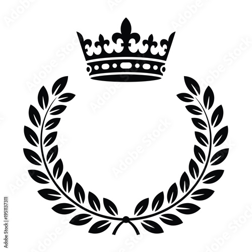 Black and white of a crown with palm leaves and berries heraldic regal symbol