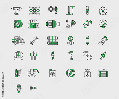 Automotive Parts Line Icons Set Green Minimal Vector Car Components Collection.eps