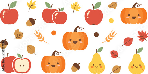 Autumn harvest fruits vector set with apples, pumpkins, pears, leaves and acorns in cute flat cartoon style for seasonal design and fall decoration